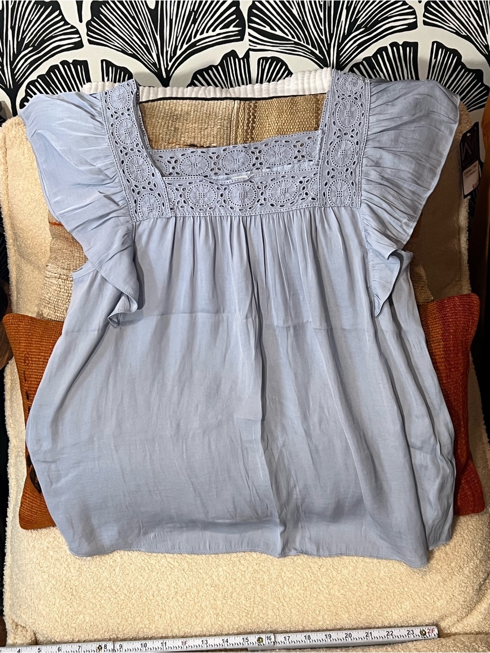 Joie Blue Eyelet Square Neck Flutter Sleeve Blouse M